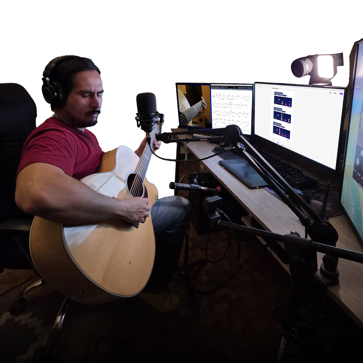 Luis F. Herrera toca la guitarra en su estudio de clases en línea